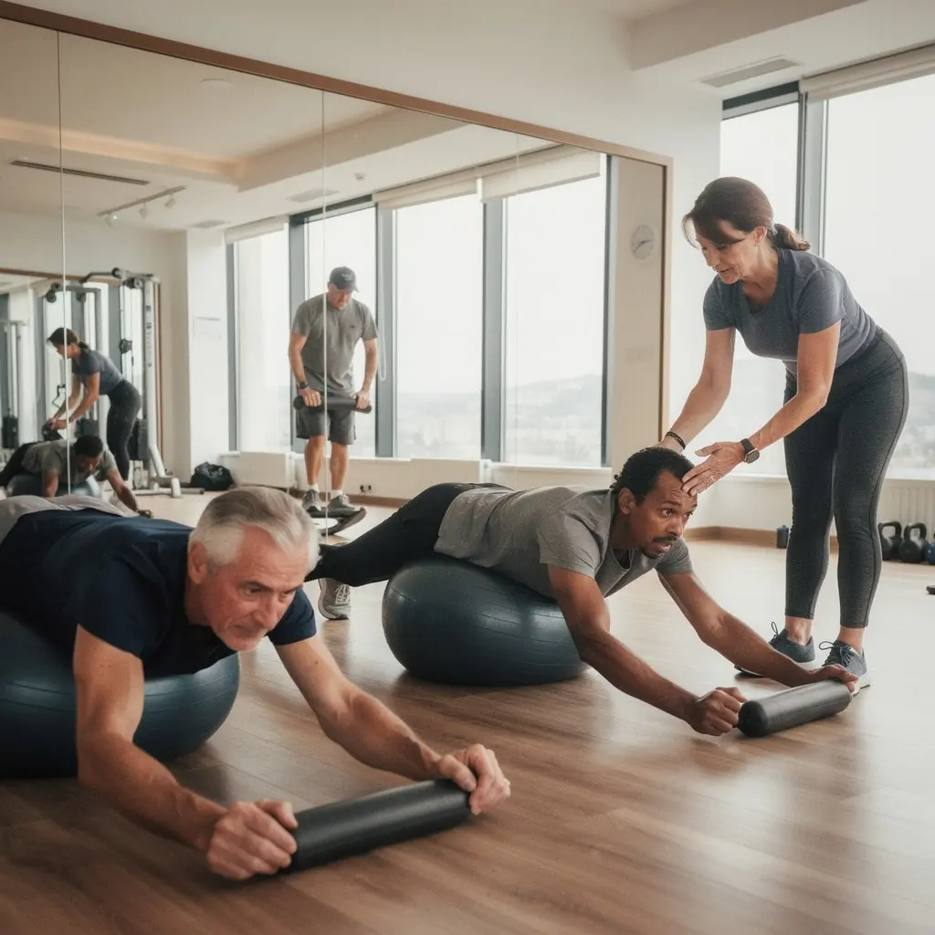 Демонстрация на различни упражнения за подобряване на гъвкавостта и стабилността.